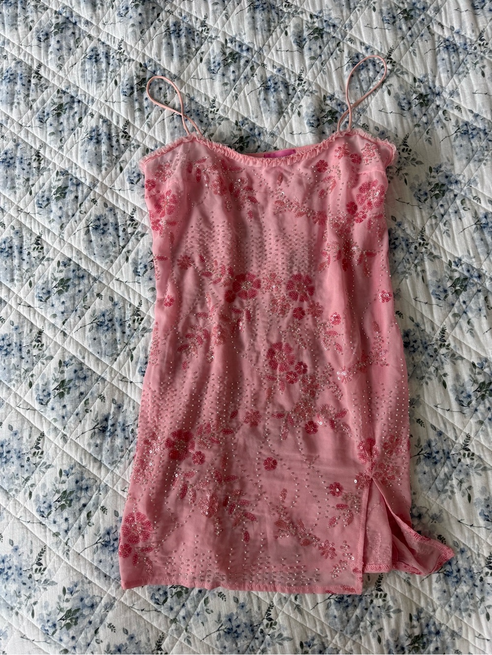 Edikted Pink Embroidered Beaded Slip Mini Dress